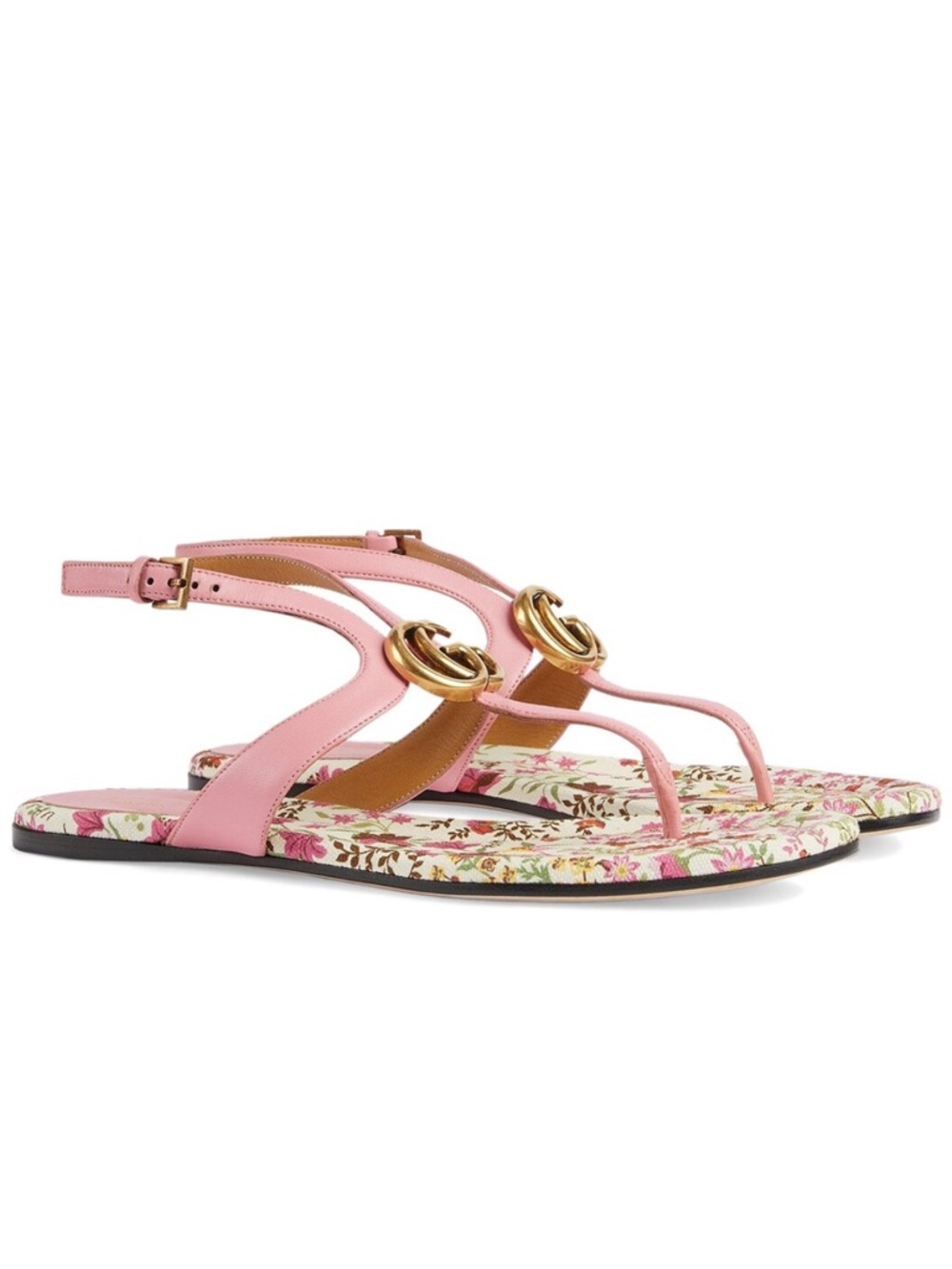Gucci Pink Leather Floral-Print Thong Sandals with Gold Double G